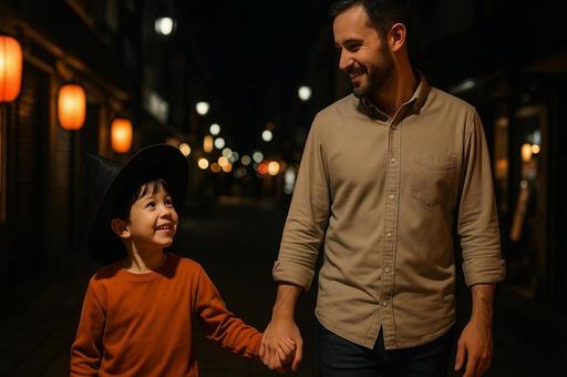 ハロウィンの夜の親子散歩・子供と父親 ハロウィンの夜の親子散歩・子供と父親の写真