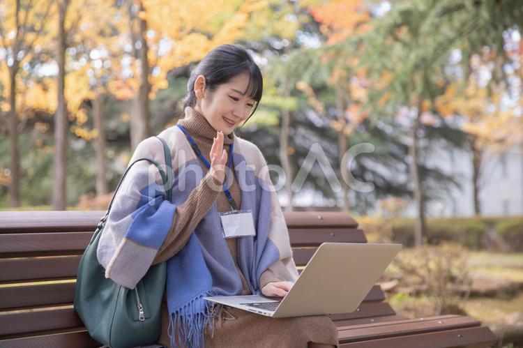 秋の公園でノートパソコンを使う女性（笑顔） テレワーク,ビジネス,ノートパソコンの写真素材