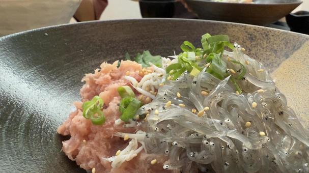 生しらすとマグロねぎトロ丼 黒いお皿 生しらすとマグロねぎトロ丼 黒いお皿 しらす丼,生しらす丼,しらすの写真素材