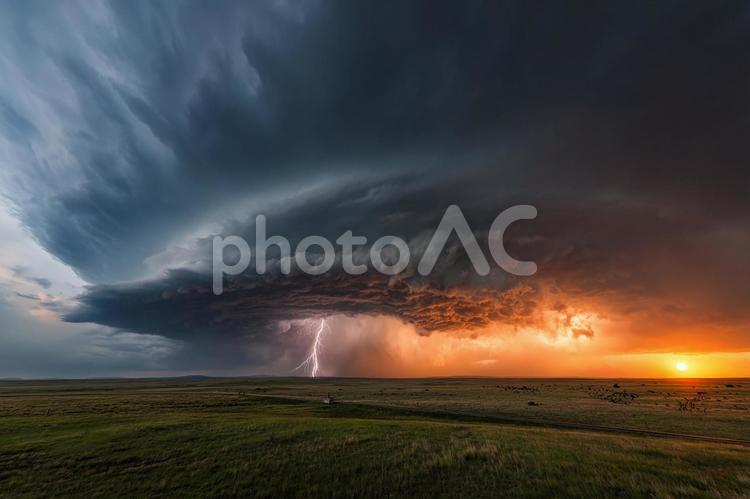 荒れる空の夕暮れ 雷雨,スーパーセル,積乱雲の写真素材