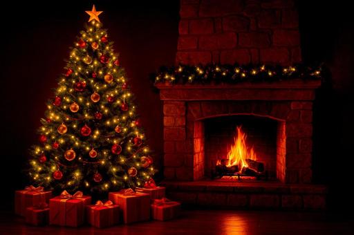 豪華なクリスマスツリーと暖炉の写真