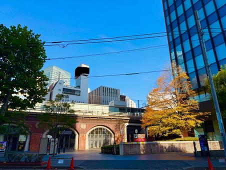 神田のビル街と紅葉とブルースカイ 青空,空,ブルースカイの写真素材
