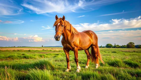 草原に佇む優美な栗毛の馬の写真