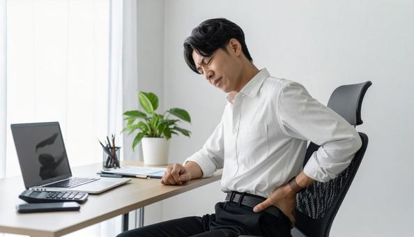 デスクワークで腰痛に悩むビジネスマンの写真