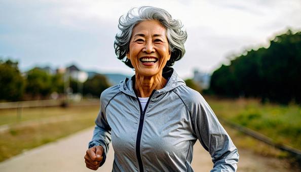 全力ダッシュする日本人シニア女性 全力ダッシュする日本人シニア女性の写真