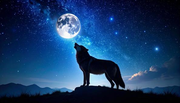 遠吠えする狼と月夜の景色 遠吠えする狼と月夜の景色の写真