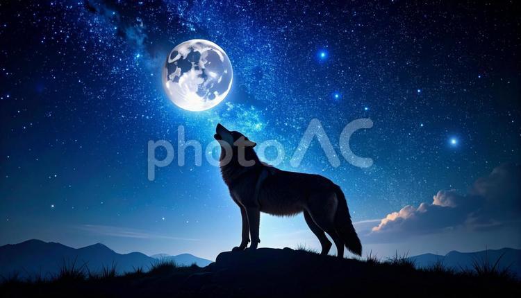 遠吠えする狼と月夜の景色 狼,月,ハロウィンの写真素材