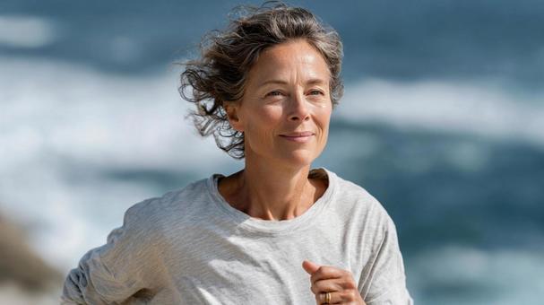 海沿いの場所でランニングするシニア女性 海沿いの場所でランニングするシニア女性の写真