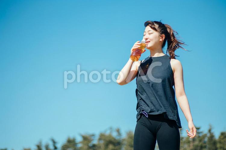 お茶を飲むスポーツウェアの女性 お茶,ドリンク,空の写真素材