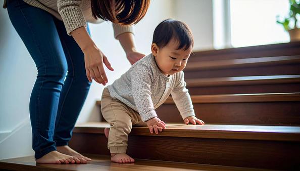 階段を下りるのが楽しい子供と支える母親 階段を下りるのが楽しい子供と支える母親の写真