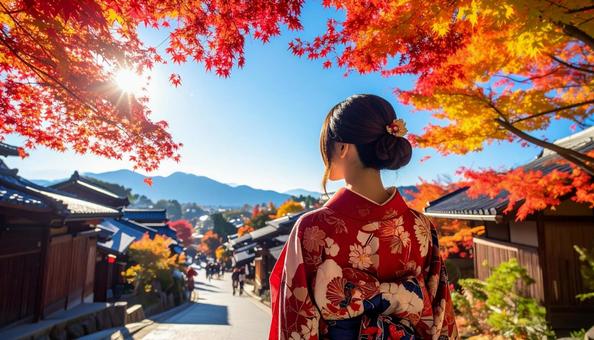 紅葉の秋の風景と着物を着た女性の写真