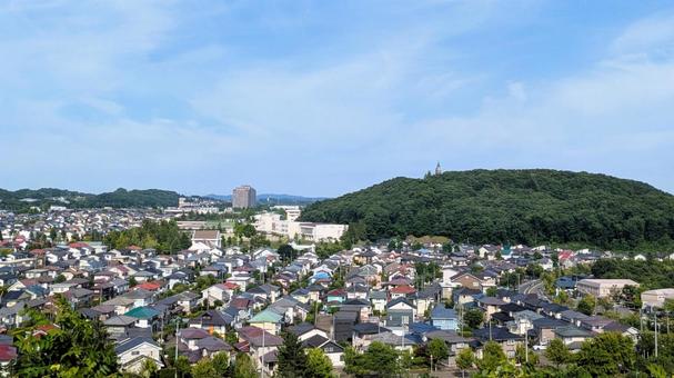 仙台市郊外の住宅地 山,住宅地,空の写真素材