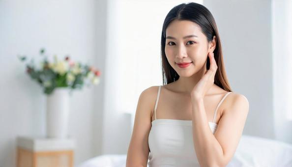 韓国風のスキンケアをする女性 韓国風のスキンケアをする女性の写真