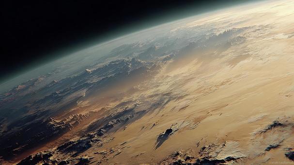 宇宙から見た荒廃した惑星:砂漠と地平線 宇宙から見た荒廃した惑星:砂漠と地平線の写真