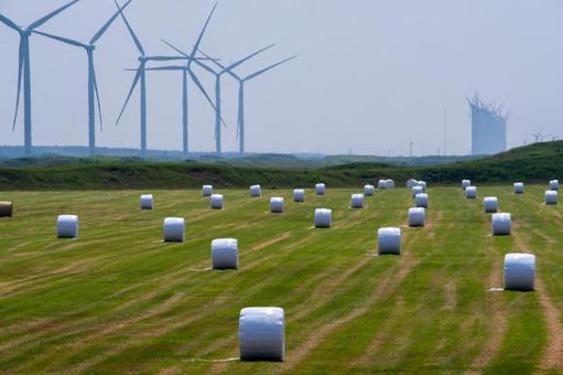 風力発電所と牧草ロール 風力発電所と牧草ロール 牧草ロール,牧草地,風力発電の写真素材