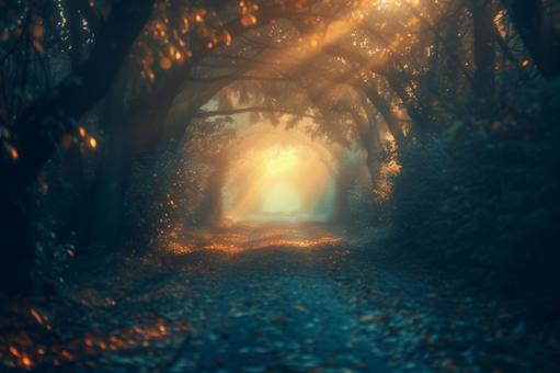 幻想的な光に包まれた森のトンネル 幻想的な光に包まれた森のトンネルの写真