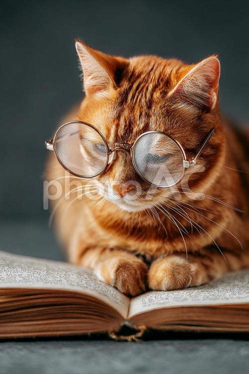 毛布にくるまって本を読む、くつろぐ猫 猫,ネコ,動物の写真素材