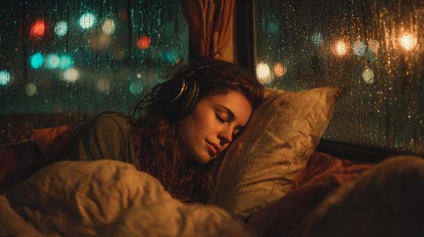 ベッドで眠る女性と雨の夜景の写真