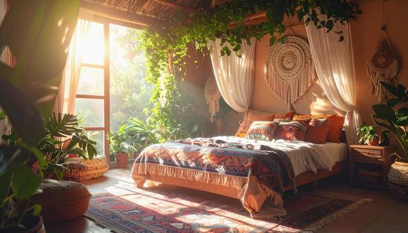 柔らかな光が差し込むボヘミアンな寝室 柔らかな光が差し込むボヘミアンな寝室の写真