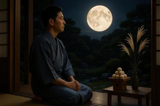 縁側から庭の月を眺める男性 縁側から庭の月を眺める男性の写真