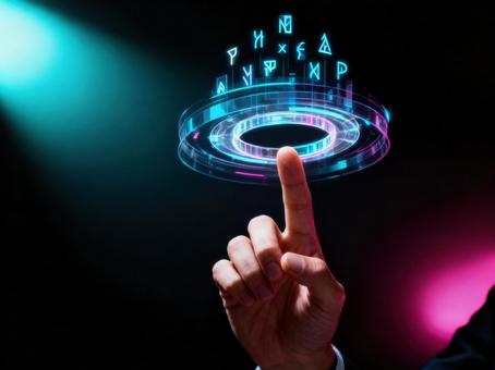 ホログラムの輪に触れる手と浮かぶ文字 ホログラムの輪に触れる手と浮かぶ文字の写真