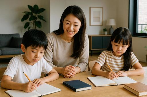 モダンなリビングで子供の勉強を見る母親 モダンなリビングで子供の勉強を見る母親の写真