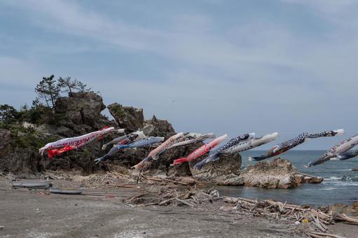 崩落した窓岩と鯉のぼり 崩落した窓岩と鯉のぼり 窓岩,崩落,鯉のぼりの写真素材