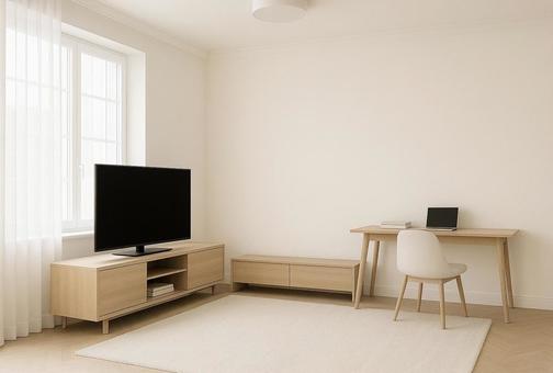 テレビとデスクのあるシンプルなインテリア テレビとデスクのあるシンプルなインテリアの写真