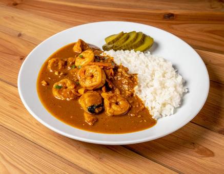 A full view of seafood curry in a multi-angle composition, seafood curry, fukujinake, curry and rice, JPG