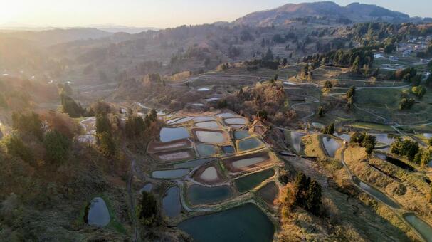 山古志の棚田03 秋,山古志,ドローンの写真素材