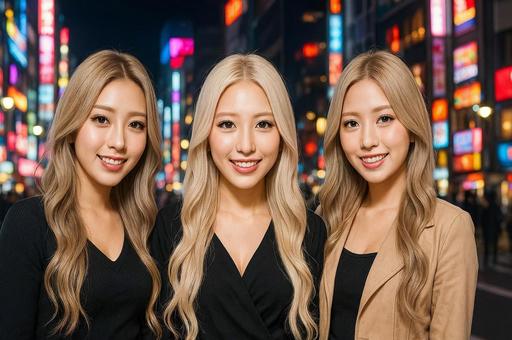 ネオン街で笑顔を見せる女性3人組・若者 ネオン街で笑顔を見せる女性3人組・若者の写真