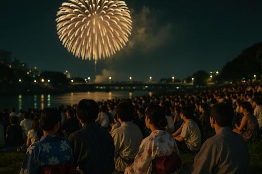 花火大会の観客で賑わう夜の河川敷 花火大会の観客で賑わう夜の河川敷の写真