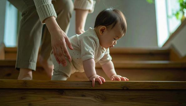 階段を下りるのが楽しい子供と支える母親 階段を下りるのが楽しい子供と支える母親の写真