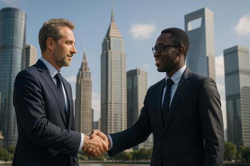 摩天楼前の握手の写真