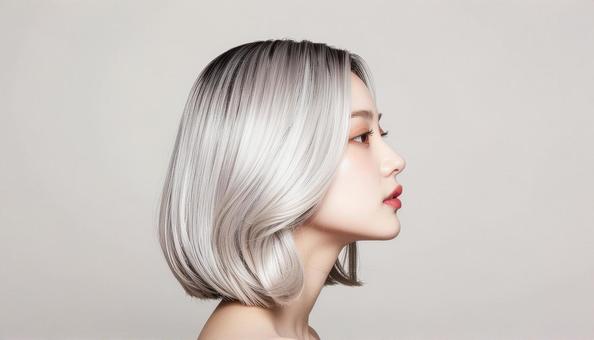 アッシュベージュのボブヘア女性 横顔 アッシュベージュのボブヘア女性 横顔の写真
