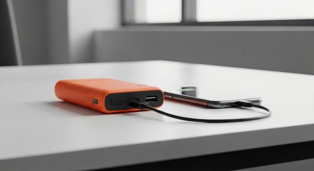 オレンジのモバイルバッテリーでスマホ充電の写真