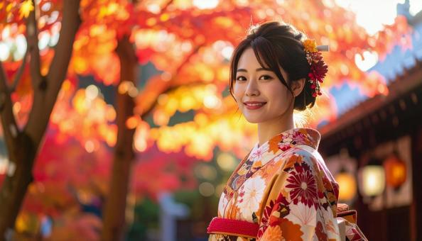 紅葉を眺める晴れ着姿の女性のポートレートの写真