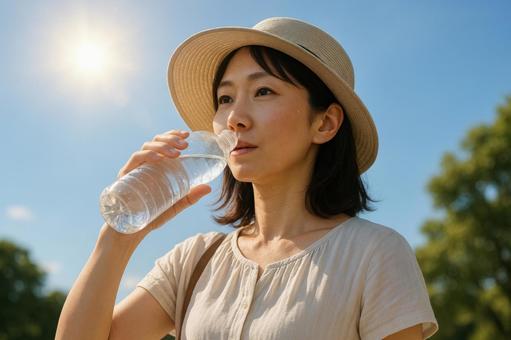 水分補給する通勤中の女性 水分補給する通勤中の女性の写真