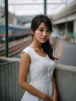 白いワンピース姿の女性 白いワンピース姿の女性の写真