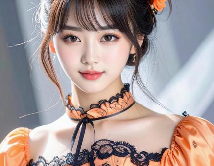 ハロウィンの仮装 女性 オレンジ色ドレス ハロウィンの仮装 女性 オレンジ色ドレスの写真
