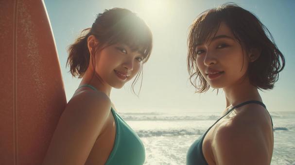 海辺の砂浜でサーフボードを抱え歩く女性の写真