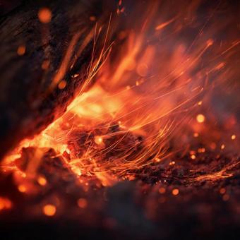 焼けた薪と飛び散る火の粉のクローズアップ 焼けた薪と飛び散る火の粉のクローズアップの写真
