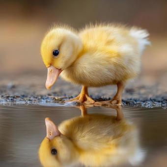 A yellow duck with a beautiful reflection on the ground, duck, chick, bird, JPG