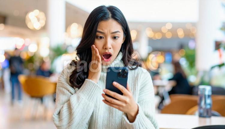スマホを見てショックを受ける女性 スマホ,トラブル,女性の写真素材