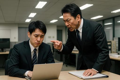 上司の叱責に耐える部下 上司の叱責に耐える部下の写真