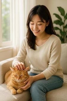 リビングのソファーで猫をなでる女性 リビングのソファーで猫をなでる女性の写真