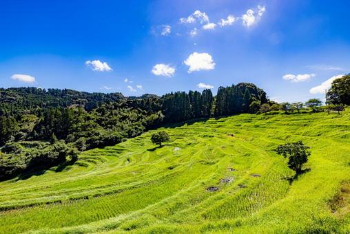 Photo, mountains and thousands of fields, blue sky, rice terrace, 