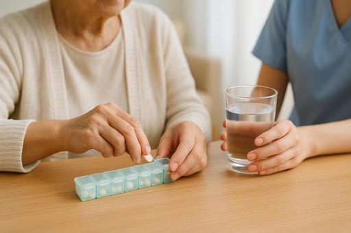 ピルケースに薬を入れる老婆の写真