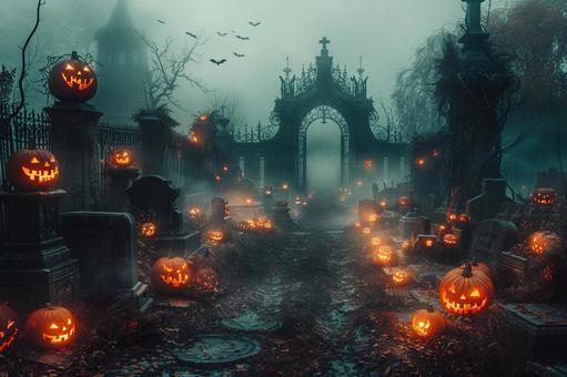 墓地に灯るハロウィンランタン 墓地に灯るハロウィンランタンの写真