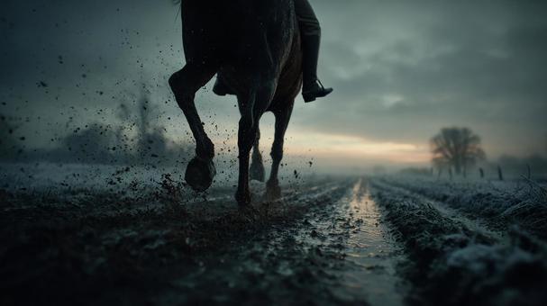 夕暮れの泥道を進む馬の写真